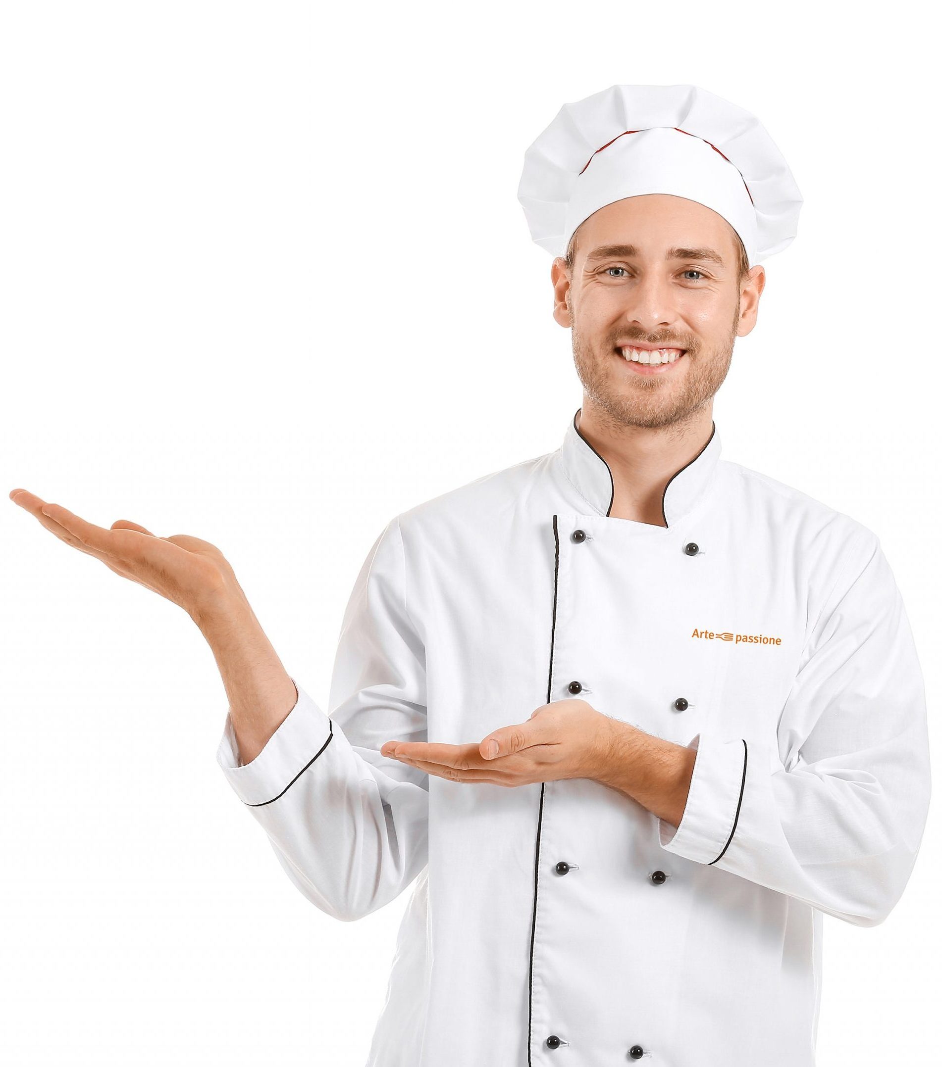 Handsome male chef showing something on white background